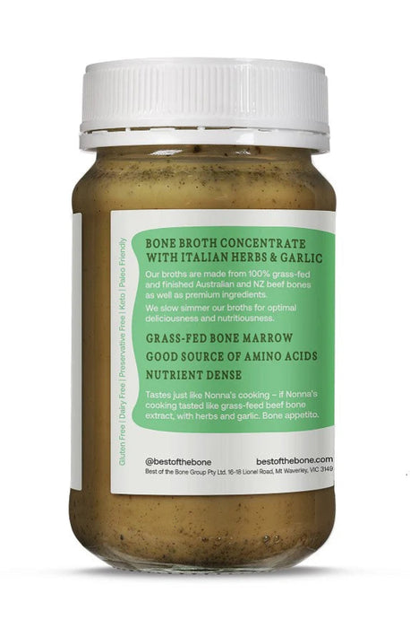 Jar of bone broth concentrate with label on a white background