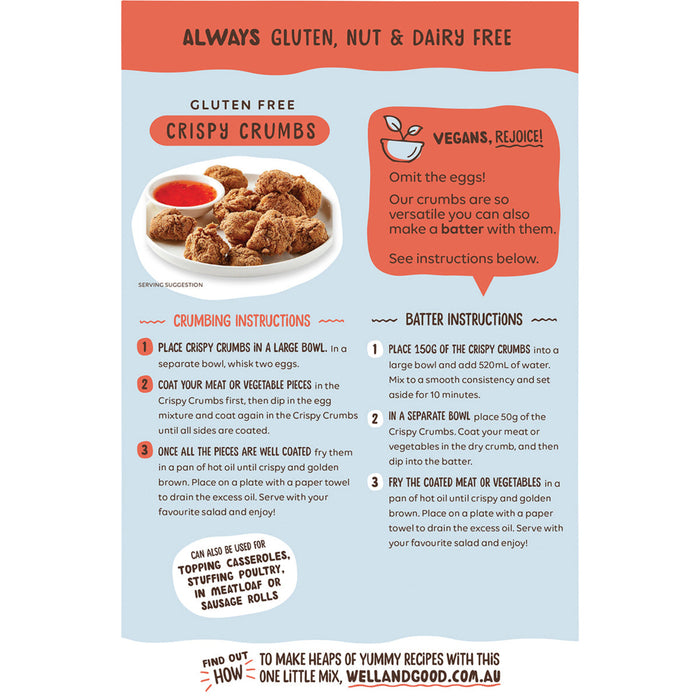 Product packaging with instructions for using Crispy Crumbs, highlighting gluten-free, nut-free, and dairy-free attributes.