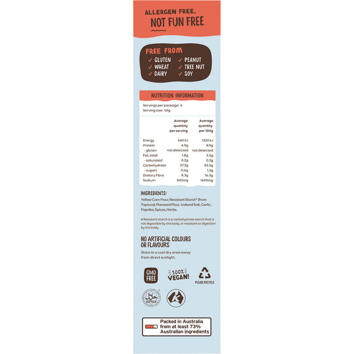 Nutrition information and ingredient list on a product label with allergen-free and vegan claims.