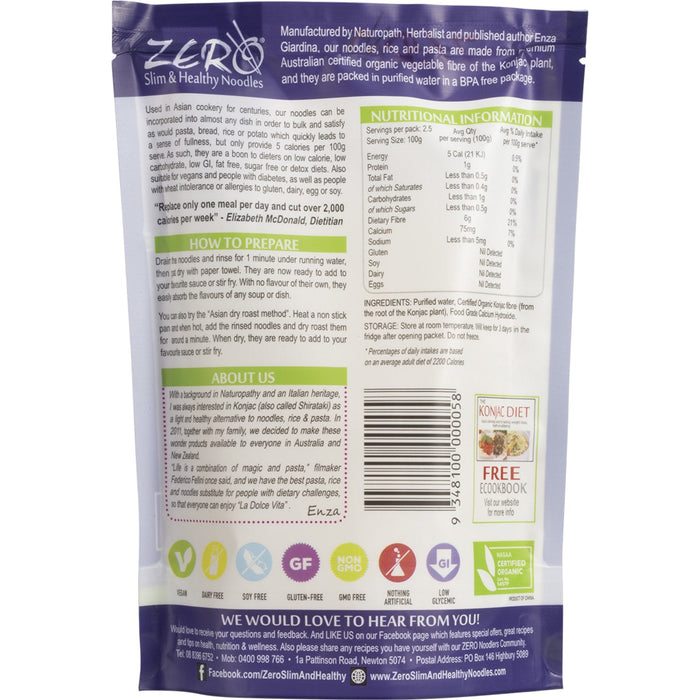 Back of a ZER0 Slim & Healthy Noodles package with nutritional information and branding details.
