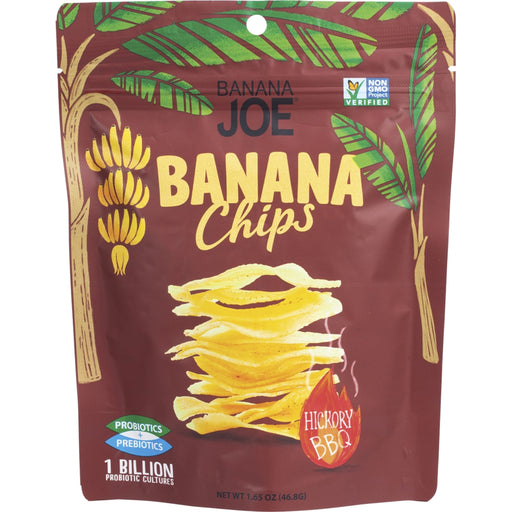 Bag of Banana Joe Hickory BBQ banana chips with banana and leaf graphics on a brown background.