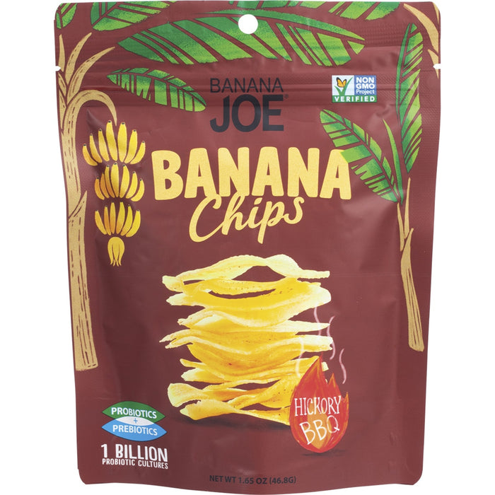 Bag of Banana Joe Hickory BBQ banana chips with banana and leaf graphics on a brown background.