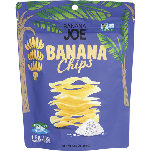 Banana Joe Banana Chips packaging with blue background and banana illustration