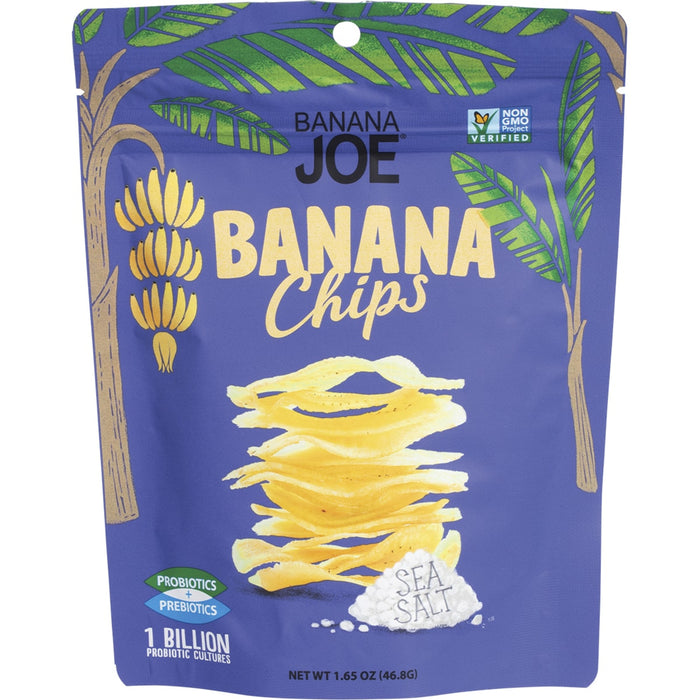Banana Joe Banana Chips packaging with blue background and banana illustration