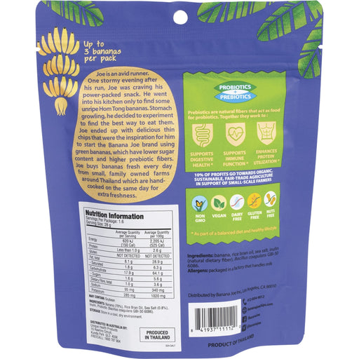 Back of a banana packaging with text, graphics, and nutrition information on a blue background.