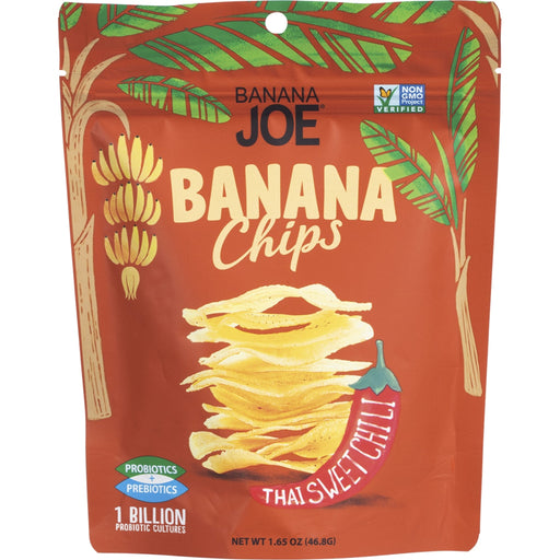 Banana Joe Banana Chips packaging with red background and banana leaf design