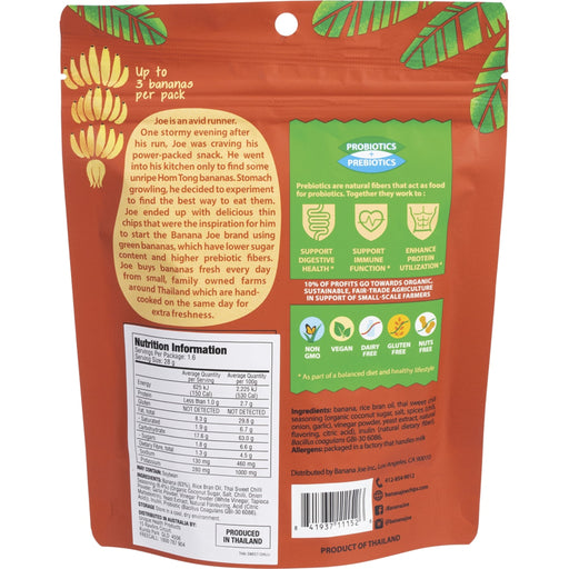 Back of a banana packaging with nutritional information, ingredients, and branding details.