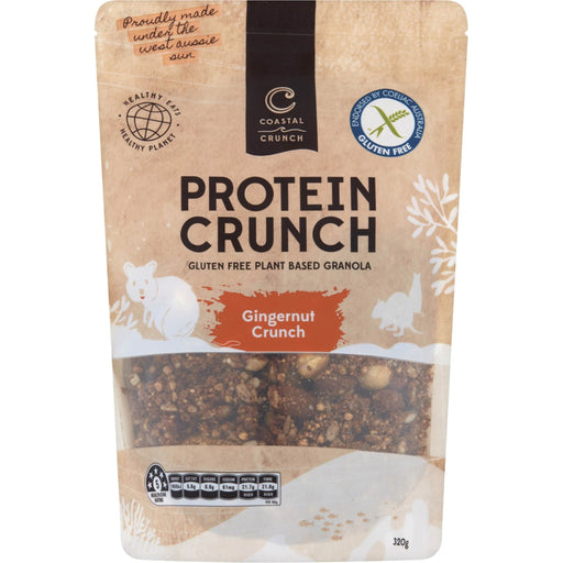 Protein crunch granola package with branding and product details on a white background