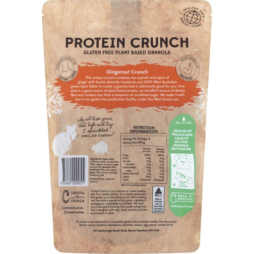 Protein Crunch gluten-free plant-based granola packaging with nutritional information on a white background