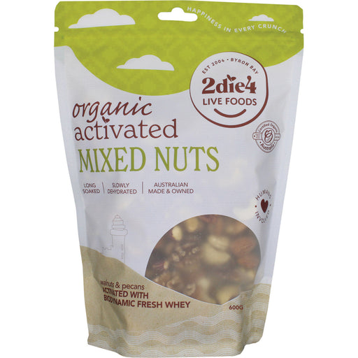 Package of organic activated mixed nuts with visible brand logo on a white background