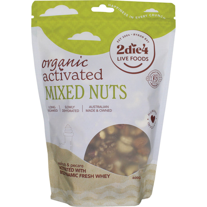 Package of organic activated mixed nuts with visible brand logo on a white background