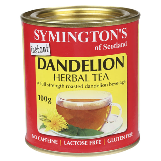 Symington's Dandelion Herbal Tea can on a white background