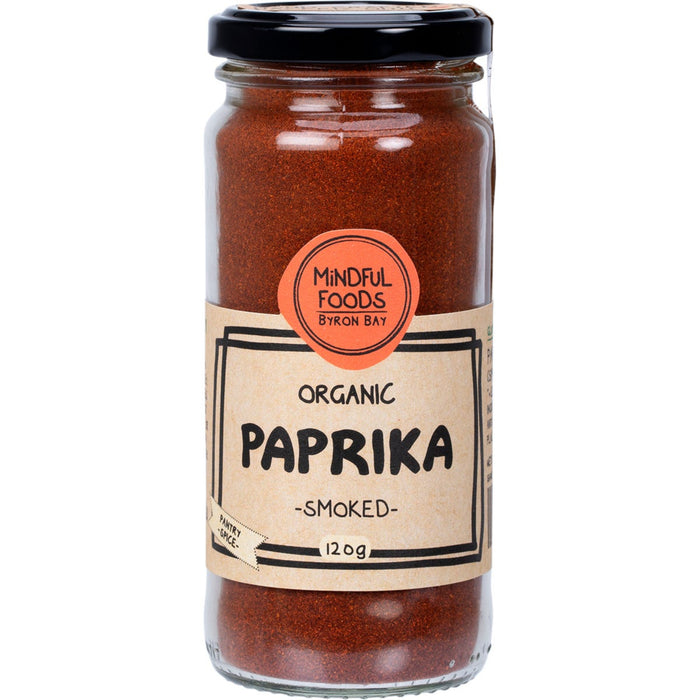 Jar of organic smoked paprika with a label on a white background