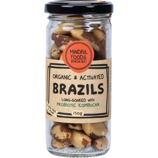 Jar of organic and activated brazils with a label on a white background