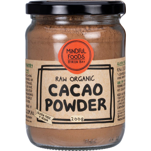 Jar of Mindful Foods Byron Bay raw organic cacao powder on a white background