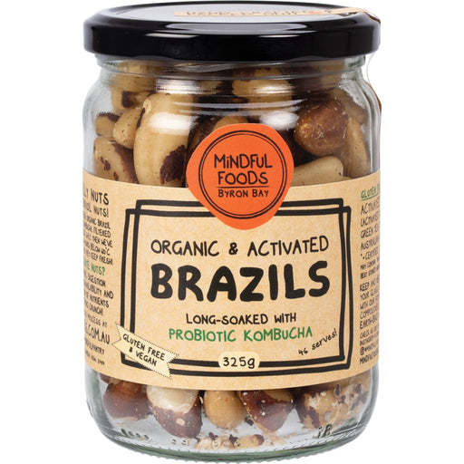 Jar of organic and activated brazils with a Mindful Foods label on a white background