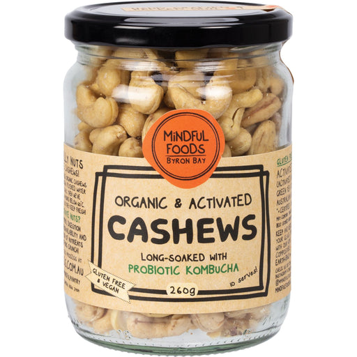 Jar of organic activated cashews with Mindful Foods label on a white background
