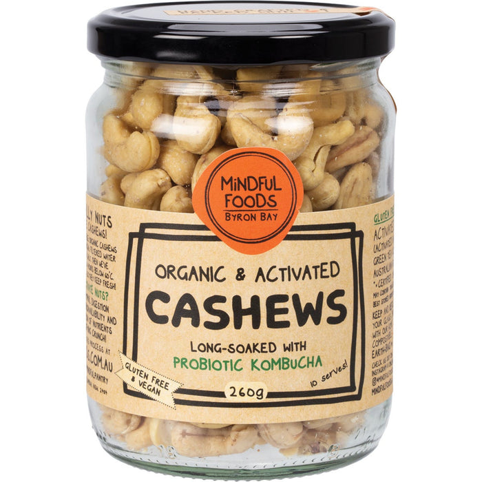 Jar of organic activated cashews with Mindful Foods label on a white background