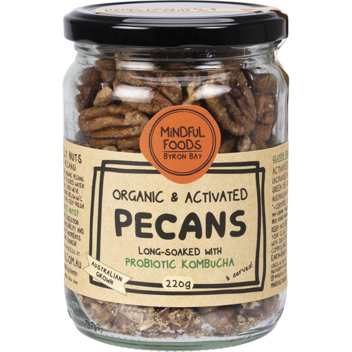 Jar of organic and activated pecans with Mindful Foods label on a white background