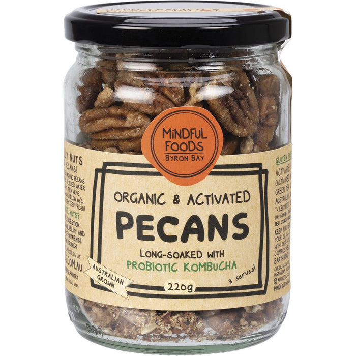 Jar of organic and activated pecans with Mindful Foods label on a white background