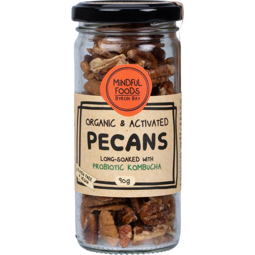 Jar of organic and activated pecans with a label on a white background