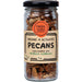 Jar of organic and activated pecans with a label on a white background