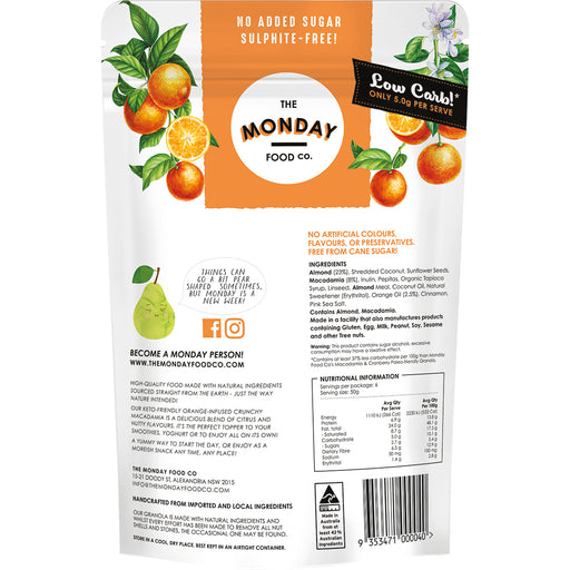 Back of a product packaging from The Monday Food Co. with orange and pear illustrations.