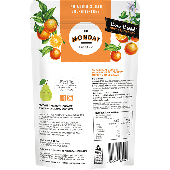 Back of a product packaging from The Monday Food Co. with orange and pear illustrations.