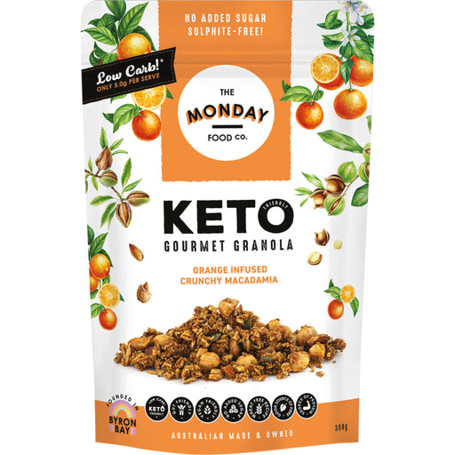 Keto gourmet granola package with orange and macadamia nuts on a white background