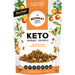 Keto gourmet granola package with orange and macadamia nuts on a white background