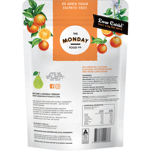 Back of a snack package from The Monday Food Co. with branding and product details.