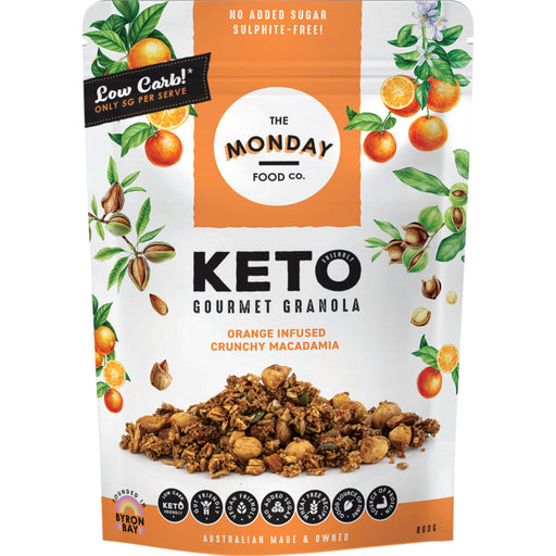 Keto gourmet granola package with orange and macadamia nuts on a white background