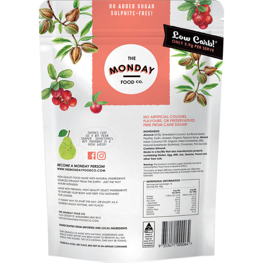 Back of a food package from The Monday Food Co. with branding and product details.