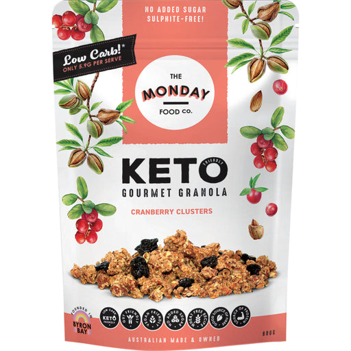 Keto gourmet granola packaging with cranberries and almonds on a white background