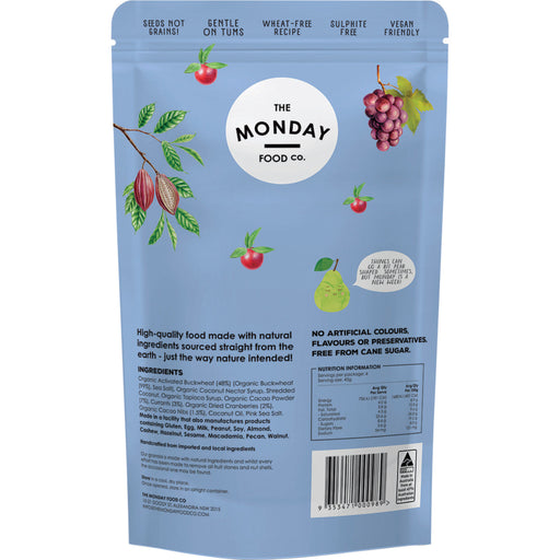 Back of a blue food packaging with 'The Monday Food Co.' branding and nutritional information.