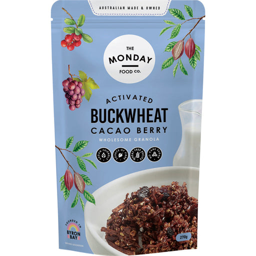 Package of The Monday Food Co. Activated Buckwheat Cacao Berry Granola with a blue background