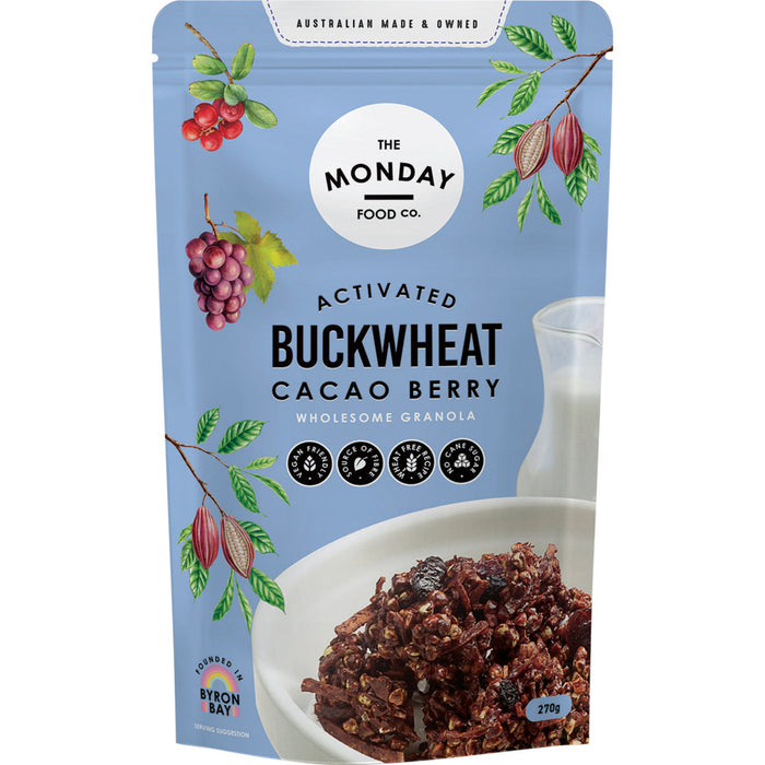 Package of The Monday Food Co. Activated Buckwheat Cacao Berry Granola with a blue background