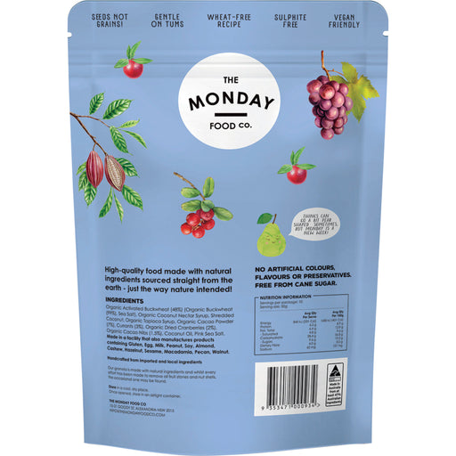Back of a food packaging bag from The Monday Food Co. with ingredients and branding details.