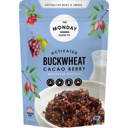 Package of The Monday Food Co. Activated Buckwheat Cacao Berry Granola with a bowl of granola on a white background.