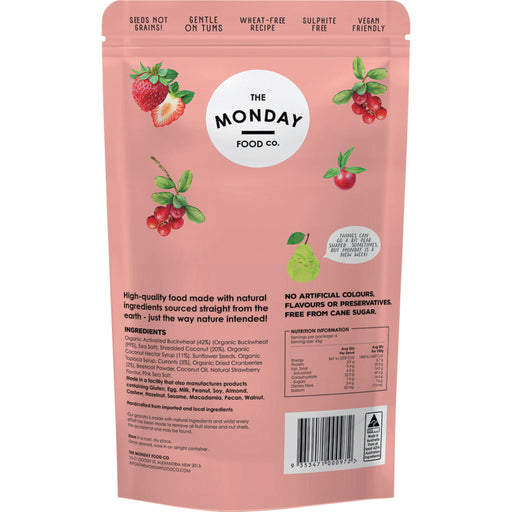 Back of a pink packaging for 'The Monday Food Co.' with ingredients and nutritional information.