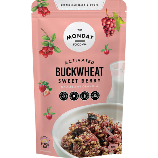 Pink package of The Monday Food Co. Activated Buckwheat Sweet Berry with a bowl of granola.