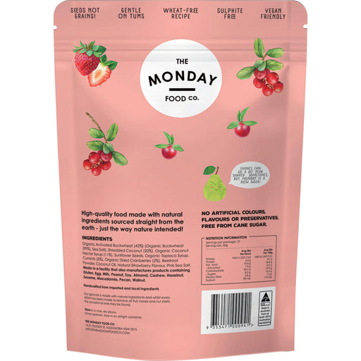 Pink packaging of The Monday Food Co with strawberry and cranberry graphics on a white background