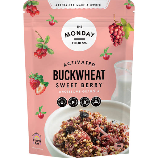 Package of The Monday Food Co. Activated Buckwheat Sweet Berry granola with pink background and product image.