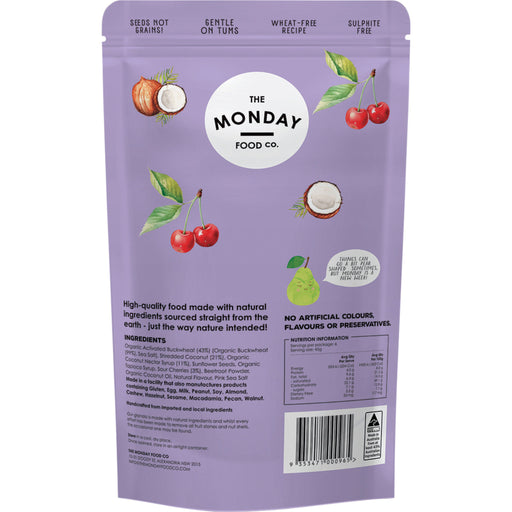 Purple package of The Monday Food Co. with nutritional information and branding details.