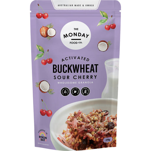 Purple package of The Monday Food Co. Activated Buckwheat Sour Cherry granola with images of ingredients and a bowl of granola.