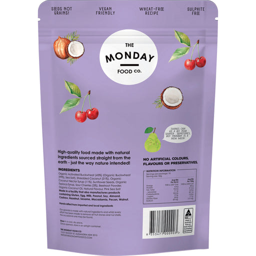 Purple packaging of The Monday Food Co. with ingredients and branding details.