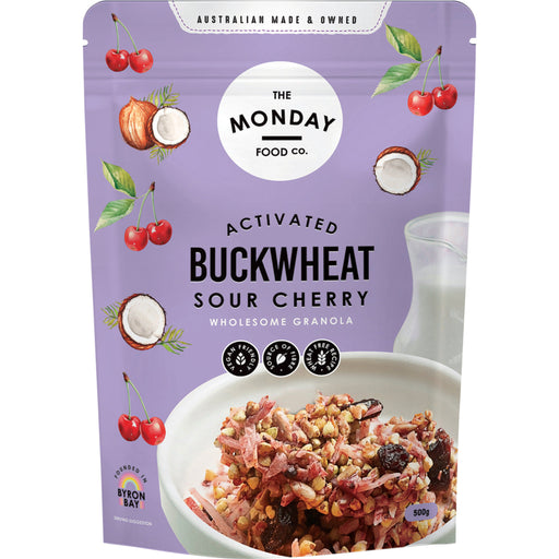 Purple package of The Monday Food Co. Activated Buckwheat Sour Cherry granola with a bowl of granola.