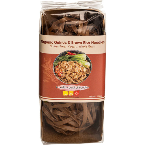Package of organic quinoa and brown rice noodles on a white background