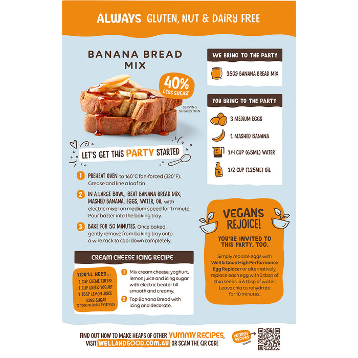 WELL & GOOD | Banana Bread Mix -  40% Less Sugar | 350g