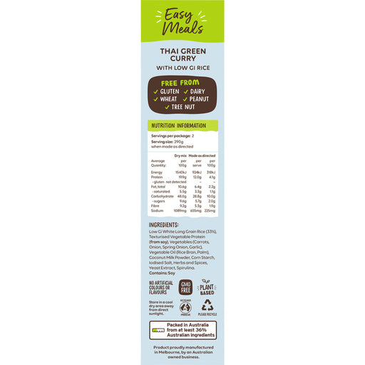 Nutrition label and ingredients list for Thai Green Curry with Low GI Rice on a white background